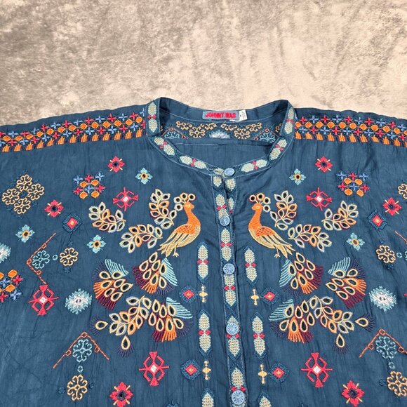 Johnny Was Top Womens M Blue Brony Embroidered Blouse Peacock Boho - Picture 5 of 11
